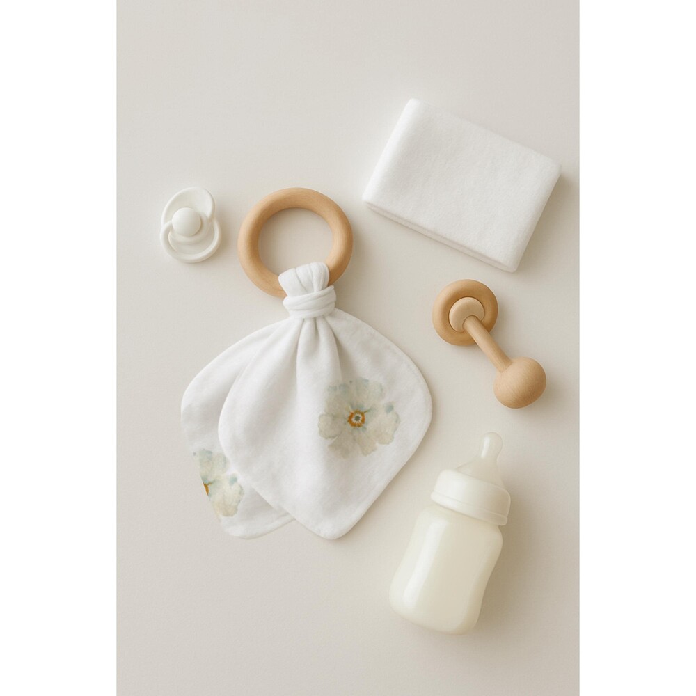 Organic Baby Teether With Natural Wooden Ring | Birth Month Flower August Poppy